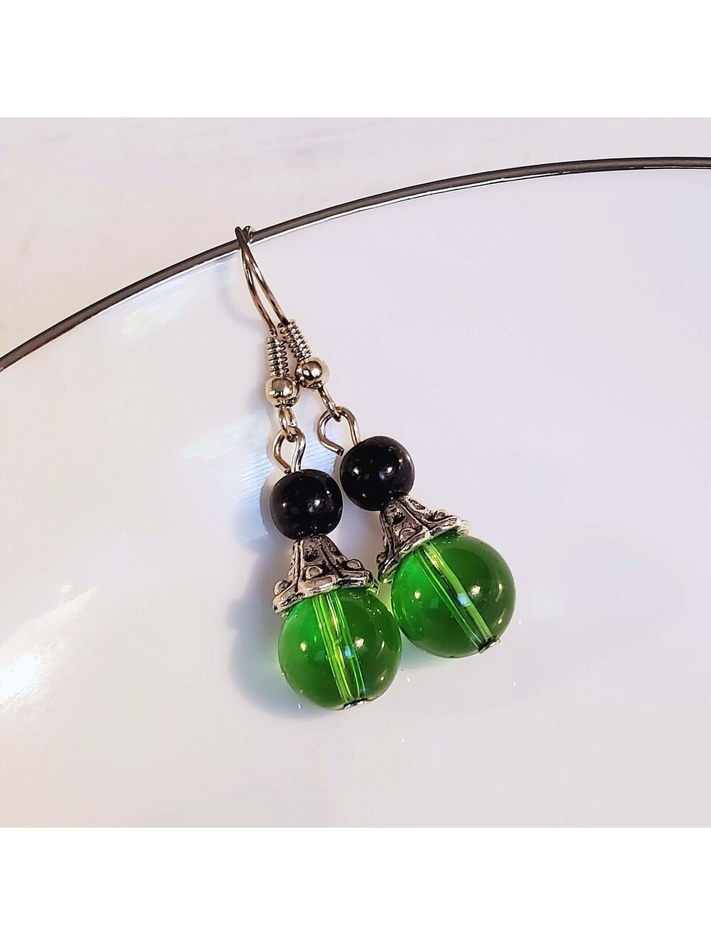 Eclectic Black Green Glass Bead Antiqued Silver Fancy Bead Cap Earrings - Picture 2 of 5